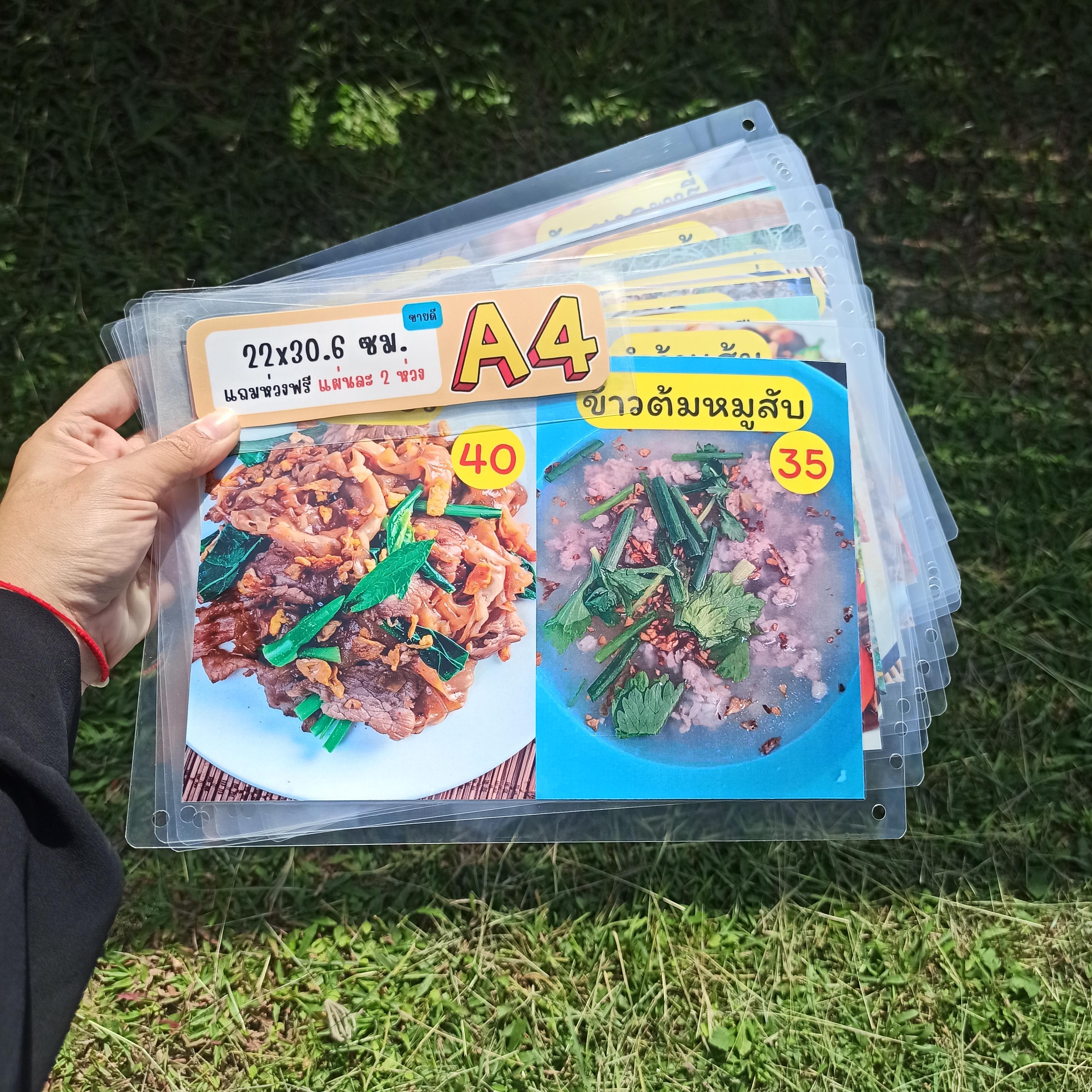 ชุดป้ายเมนูอาหารจานด่วน A4 เจาะรูพร้อมห่วง 12 แผ่น | ผัดกระเทียม, ข้าวผัด, ยำมาม่า, สปาเก็ตตี้, ผัดซีอิ๊ว, สุกี้ | รหัส 3912