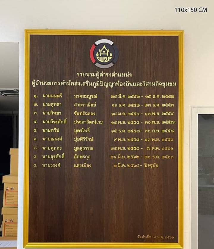 ป้ายทำเนียบหน่าไม้สัก ขนาด 110x150cm ติดตัวอักษรสติ๊กเกอร์ไดคัทสีทอง พร้อมโลโก้