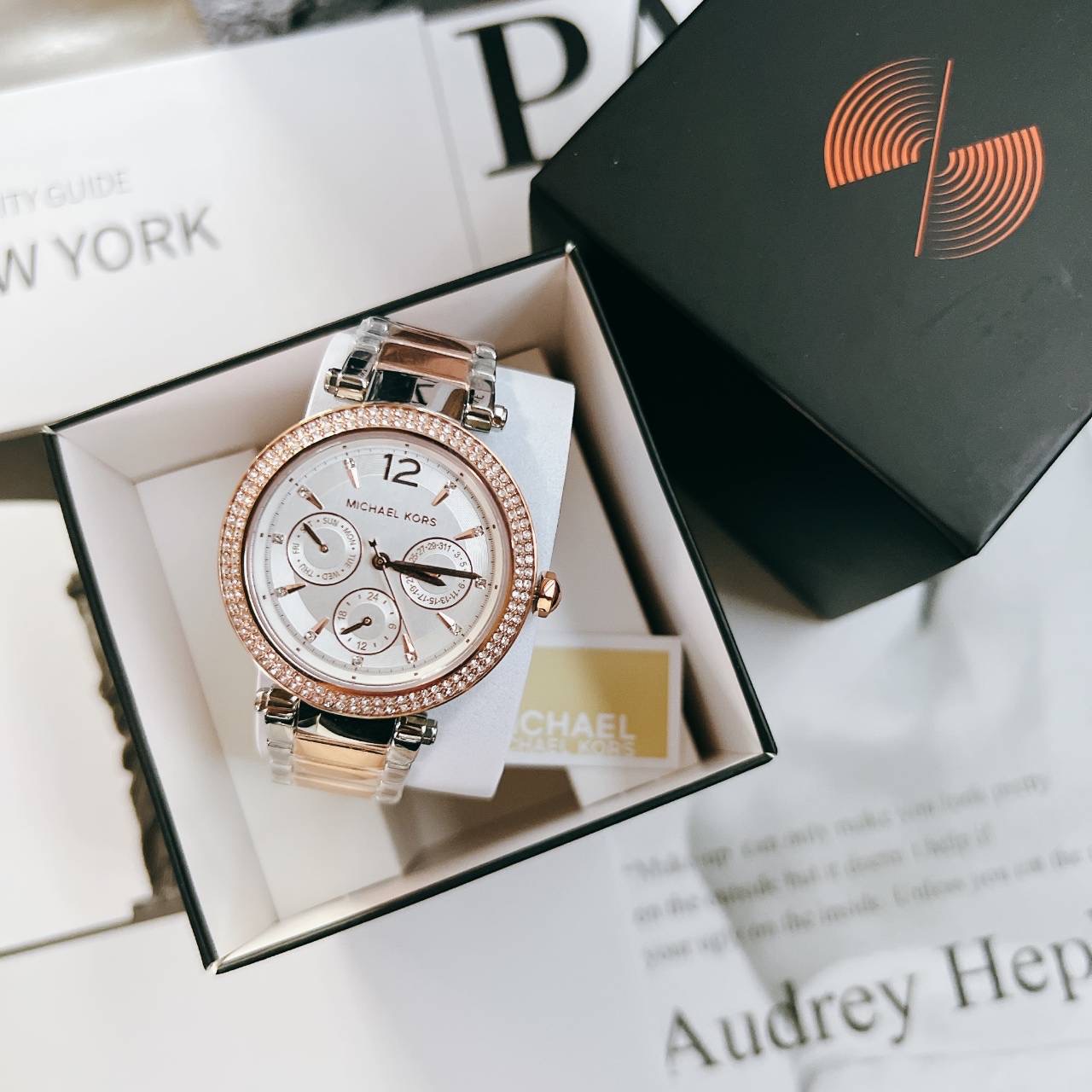 New Michael koes Women's Parker Multifunction Two-Tone Stainless Steel Watch กล่อง watch station