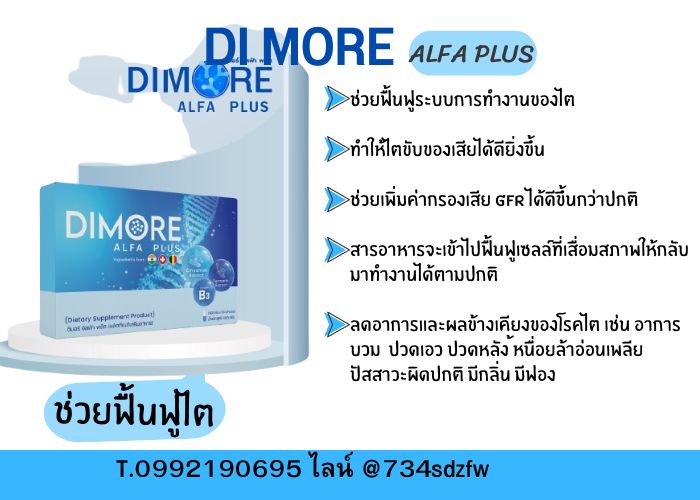 ดิมอร์ อัลฟ่า พลัส Di More Alfa Plus ฟื้นฟูไต ไตเสื่อม โรคไต ไตวาย ปวดหลัง ปวดเอว ลดบวม ปัสสาวะเป็นฟอง คันตามตัว เหนื่อยเพลีย