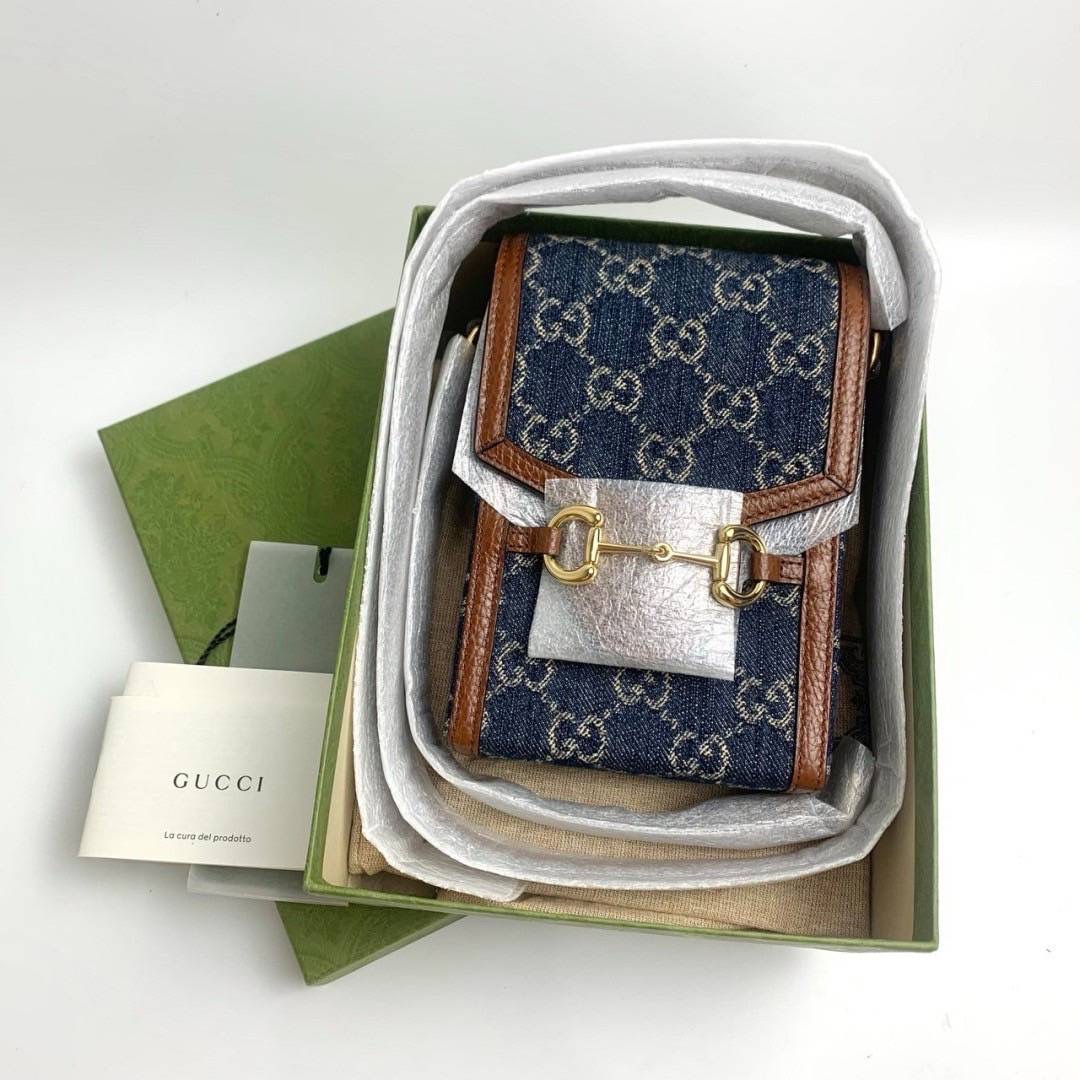 New Gucci horsebit 1955 mini bag in blue denim กระเป๋าไซส์มินิรุ่น Horsebit 1955 ขนาด 4.5″W x 6.7″H x 1.6″D เดนิมสีน้ำเงินลาย GG supreme