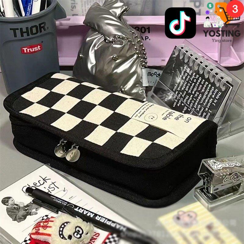 กระเป๋าดินสอ ลายตารางหมากรุก ขนาดเล็ก จุของได้เยอะ แบบเรียบง่าย