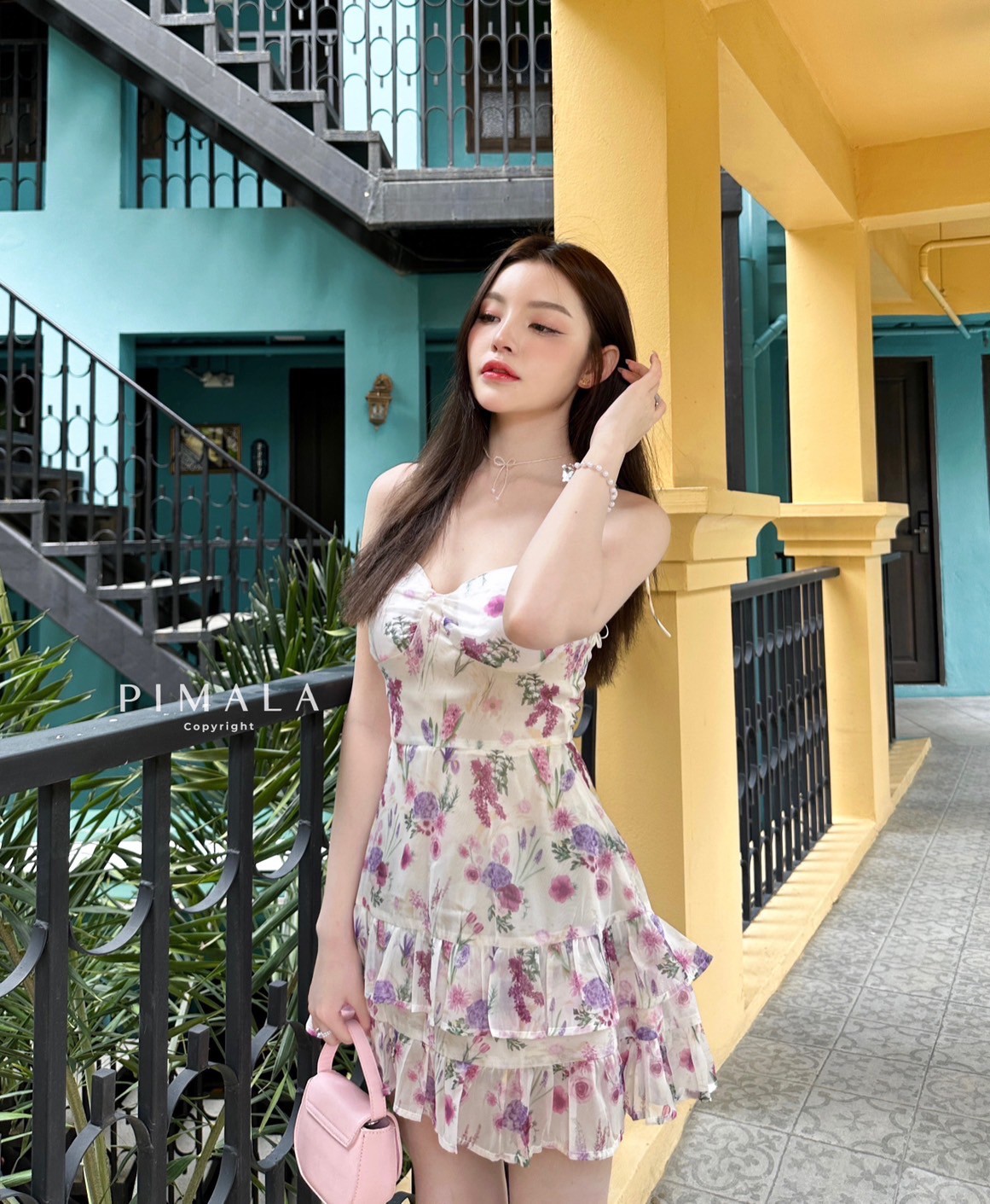 เดรสสายเดี่ยวผูกโบว์ลายน่ารักมากก