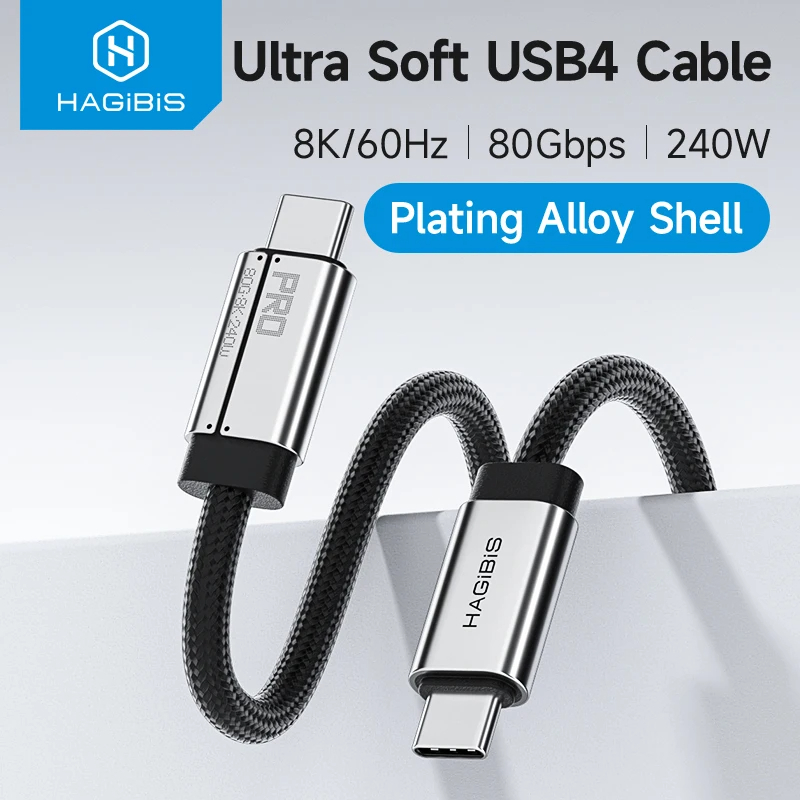 Hagibis UC4X USB4 V2 Cable, Super Soft 80Gpbs 240W 8K@60Hz USB C to Type-C Fast Charging Cable Thunderbolt4 5