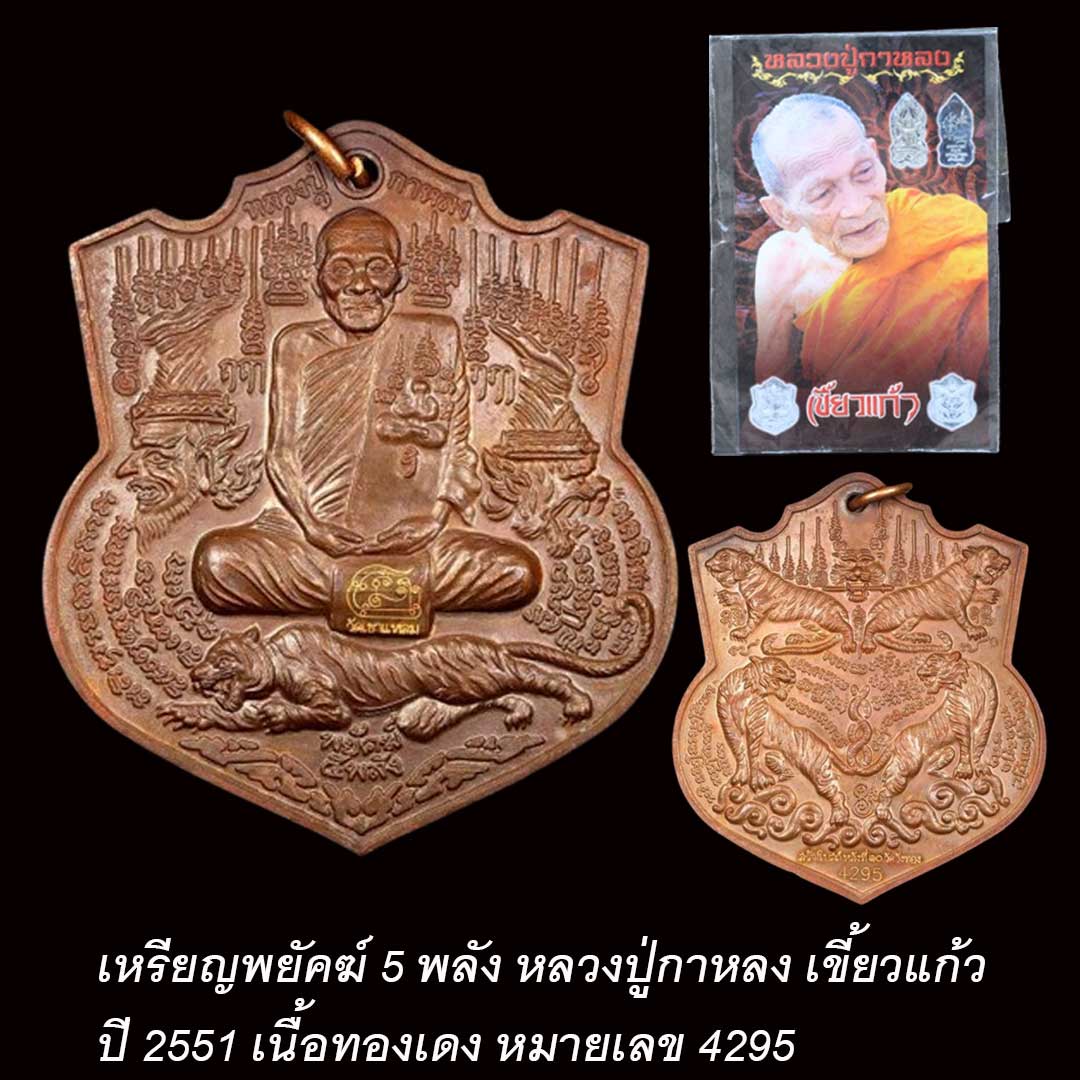 เหรียญพยัคฆ์ 5 พลัง หลวงปู่กาหลง เขี้ยวแก้ว ปี 2551 เนื้อทองแดง หมายเลข 4295