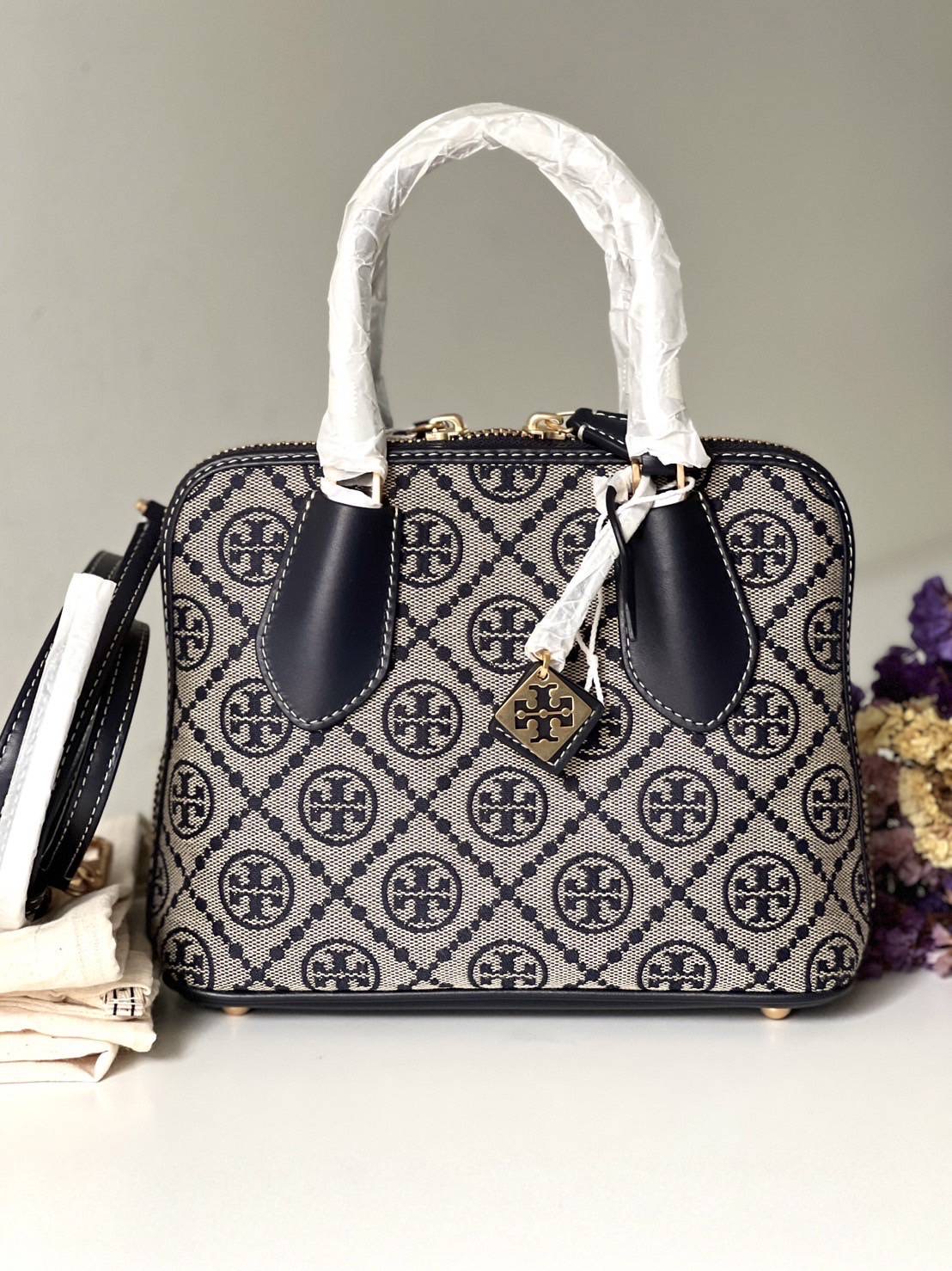 NEW TORY BURCH MINI T MONOGRAM JACQUARD SWING SATCHEL Height: 6.5" (16.4cm); length: 8.3" (21cm); depth: 3" (7.8cm)