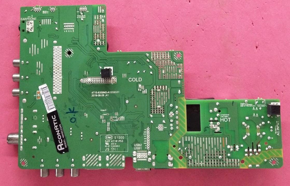 Main Board ACONATIC (เมนบอร์ด อะโคเนติค) อะไหล่แท้/ของถอด ใช้กับรุ่น 40HS522AN เบอร์ทีบาร์ V400HJ6-PE1