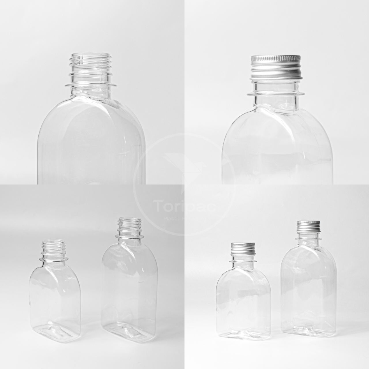 Toripac ขวด PET ขวดแบนโค้ง ขนาด 150,220 ml. พร้อมฝาอลูมิเนียม(50,100,120 ใบ) บรรจุเครื่องดื่ม ขวดน้ำผลไม้ ขวดกาแฟ ขวดน้ำหวาน