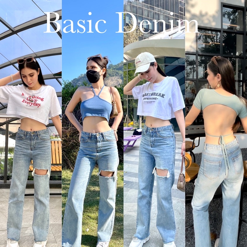 🥐Basic Denim🥐 ถามหากันหนักมาก ยีนส์ขายาวรุ่นทรงกระบอก สีใหม่แบบดีงามมากพส แต่งขาดด้านหน้า ปลายขาตัดตรง เพิ่มความน่ารัก