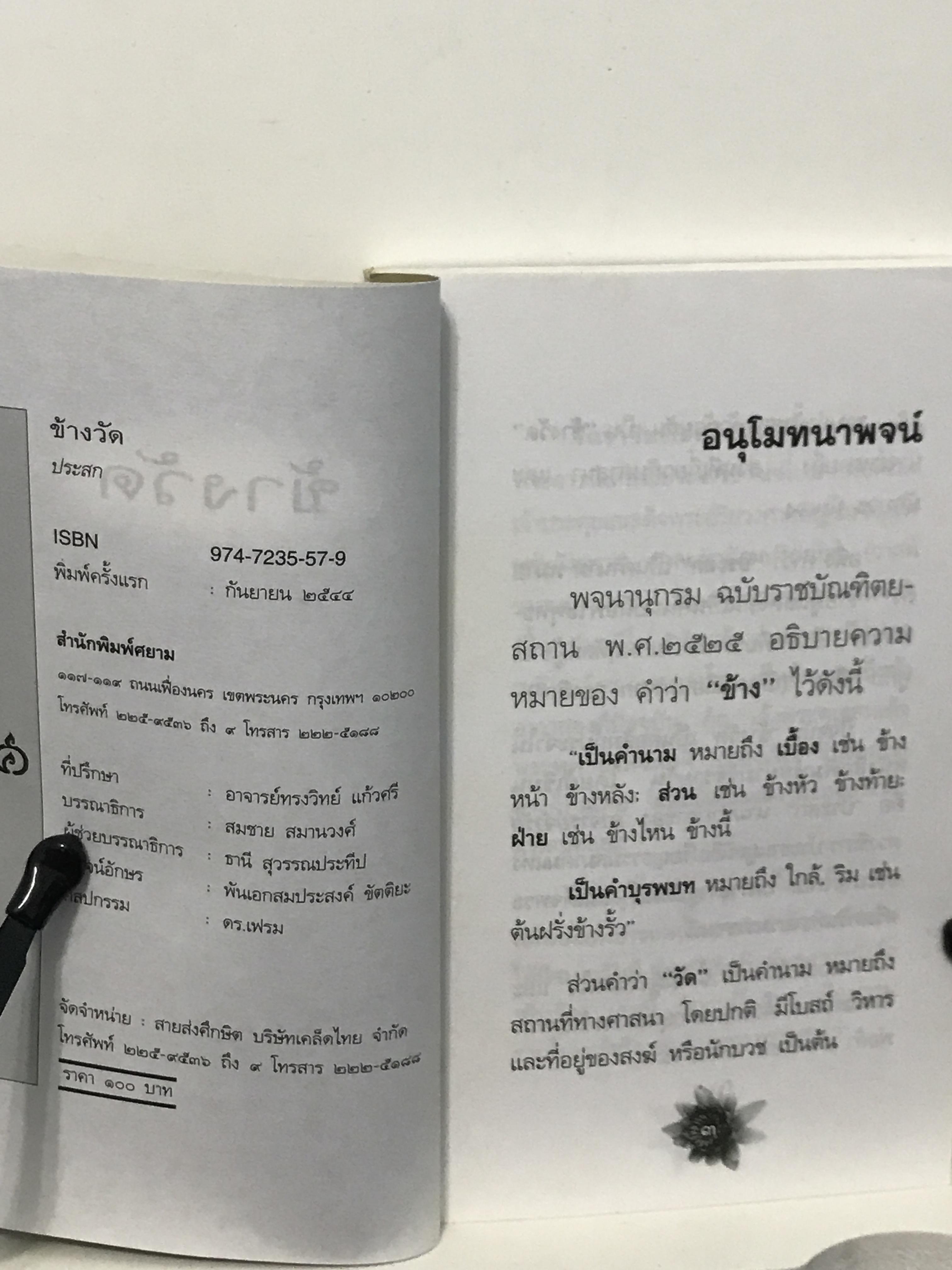 ข้างวัด — บันทึกชีวิตริมรั้วธรรม ผู้เขียน : ประสก (นามปากกาอาจารย์จำรัส ดวงธิสาร) บรรณาธิการ : สมชาย สมานวงศ์ สำนักพิมพ์ ศยาม | WA1