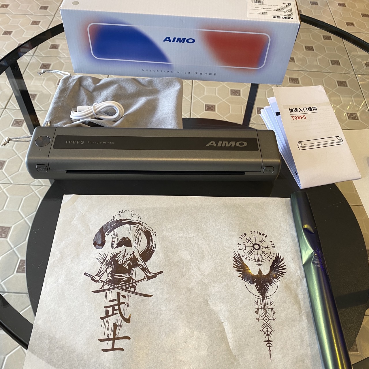 เครื่องปริ้นแบบลายสัก ไร้สายเชื่อมบลูทูธ ยี่ห้อ : Aimo และแอปพลิเคชั่นที่มากับเครื่อง