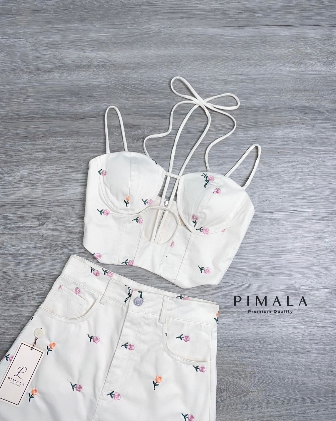 SETเสื้อ+กระโปรง เซ็ทเสื้อสายเดี่ยวมีสายผูกคอเก๋ๆ