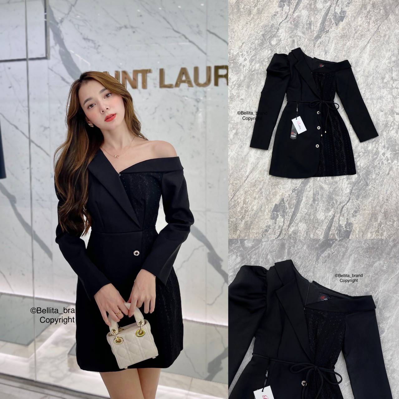 ⟡˒𝓑𝑒𝑙𝑙𝑖𝑡𝑎 มินิเดรสสีดำทรงสูท ปาดไหล่คอกว้าง Size S