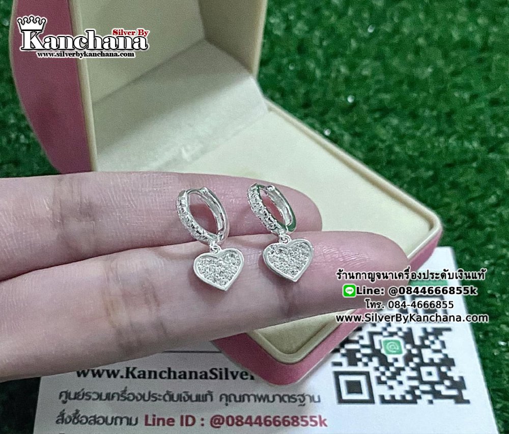 ต่างหูห่วงเงินแท้ ประดับเพชร หนา 9 มิล ห่วงกว้าง 1 ซม. งานสวยๆ