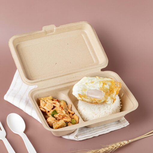 กล่องอาหารสองช่องเยื่อฟางข้าว 8 นิ้ว