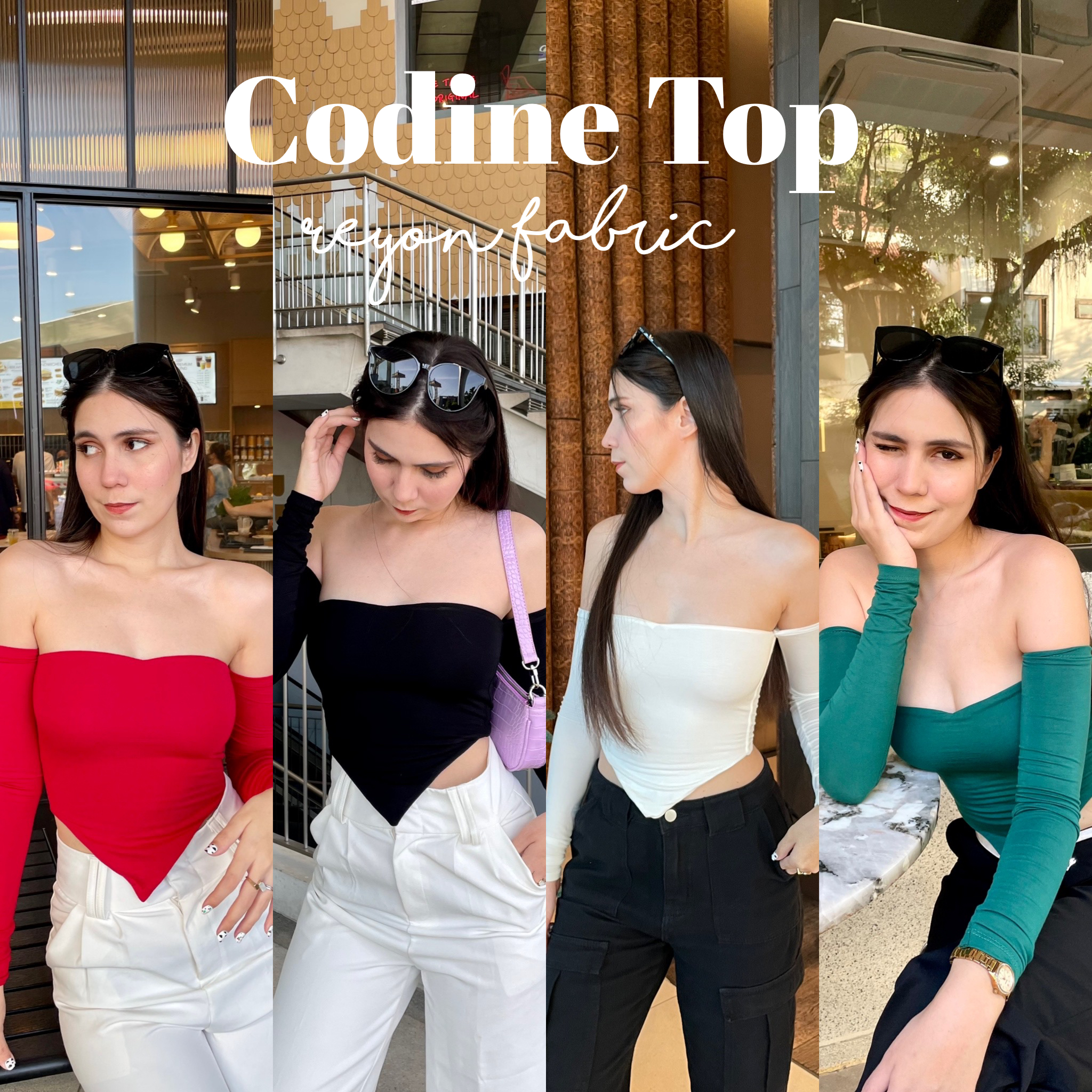 🧸Codine Top🎄 เสื้อปาดไหล่ต่อแขน ด้านหน้าแต่งดีเทลสามเหลี่ยมปิดพุง ผ้า2ชั้นทั้งตัว ไม่บางน๊า