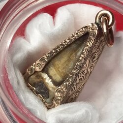 พระทันตธาตุ หลวงพ่อเกษม เขมโก ในเลี่ยมนาค เก่าสวยงาม ใช้ครั่งติดไว้น่าจะกันกระทบกรอบพระ เป็นของนายทหาร ค่ายสุรศักดิ์มนตรี ลูกศิษย์และขับรถถวายหลวงพ่อเกษมฯ ในยุคนั้น