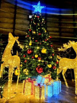 ต้นคริสต์มาสปลอมขนาด10ฟุต พร้อมของตกแต่ง"กวาง"กล่องของขวัญ"