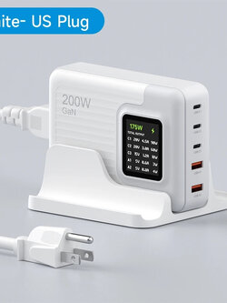 Whtie สีขาว Hagibis PD085pt 200W USB C Charger, Desktop 5 Ports GaN Charger with LCD Display Fast Charging Station PD 3.0