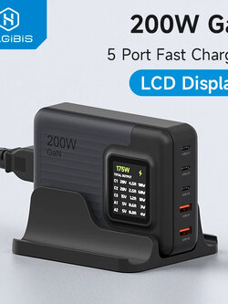 Black สีดำ Hagibis PD085pt 200W USB C Charger, Desktop 5 Ports GaN Charger with LCD Display Fast Charging Station PD 3.0