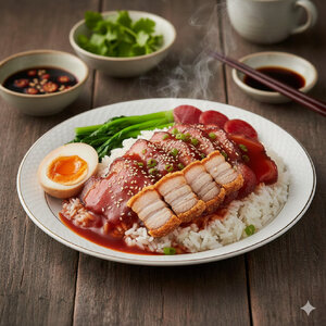 ข้าวหมูแดง หมูกรอบ ซอสฉ่ำเยิ้ม