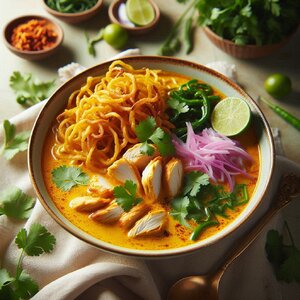 แจกฟรี! รูปข้าวซอยไก่สุดอร่อย 🍜🍗 รสชาติกลมกล่อมกับน้ำแกงกะหรี่เข้มข้นและไก่นุ่ม ๆ เสิร์ฟพร้อมเครื่องเคียงสดใหม่ ใครขายอาหารไทยต้องโพสต์นี้เลย! 🌟🍋 #ข้าวซอยไก่ #แจกฟรี #อาหารไทย #โพสต์ขายของ #รสชาติกลมกล่อม