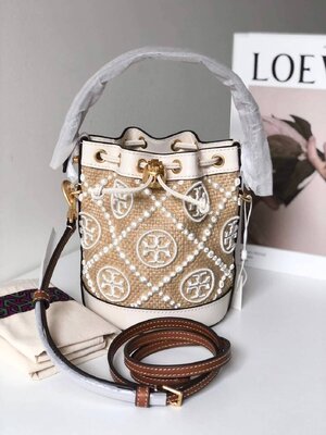 New Tory Burch T Monogram straw mini Bucket bag