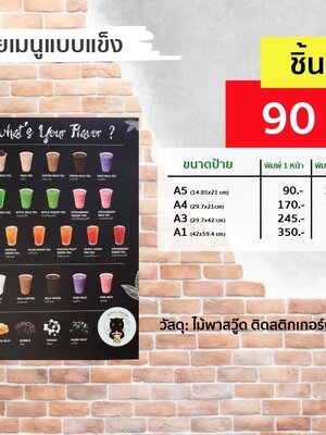 ป้ายเมนูแบบแข็ง วัสดุ ไม้พาสวู๊ด ติดสติ๊กเกอร์พิมพ์ยูวี