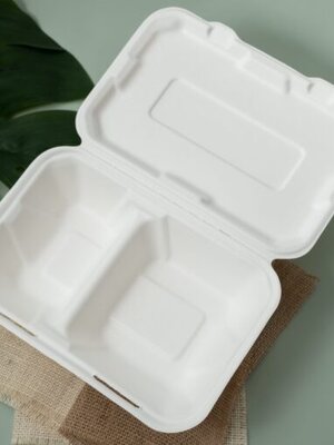 กล่องอาหารเยื่อชานอ้อยสองช่อง 9 นิ้ว