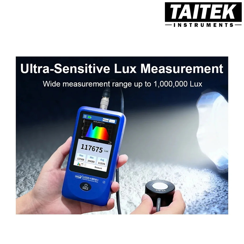 เครื่องวัดแสงความสว่างสเปกตรัม Multi-Parameter Spectral Illuminance Meter Linshang รุ่น LS335 จอสีทัชสกรีน วัดค่า Lux PPFD CCT การกระพริบ CRI สำหรับแสงสว่างและการเจริญเติบโตของพืช เครื่องวัดแสงความสว่างสเปกตรัม Multi-Parameter Spectral Illuminance Meter Linshang รุ่น LS335 จอสีทัชสกรีน วัดค่า Lux PPFD CCT การกระพริบ CRI สำหรับแสงสว่างและการเจริญเติบโตของพืช