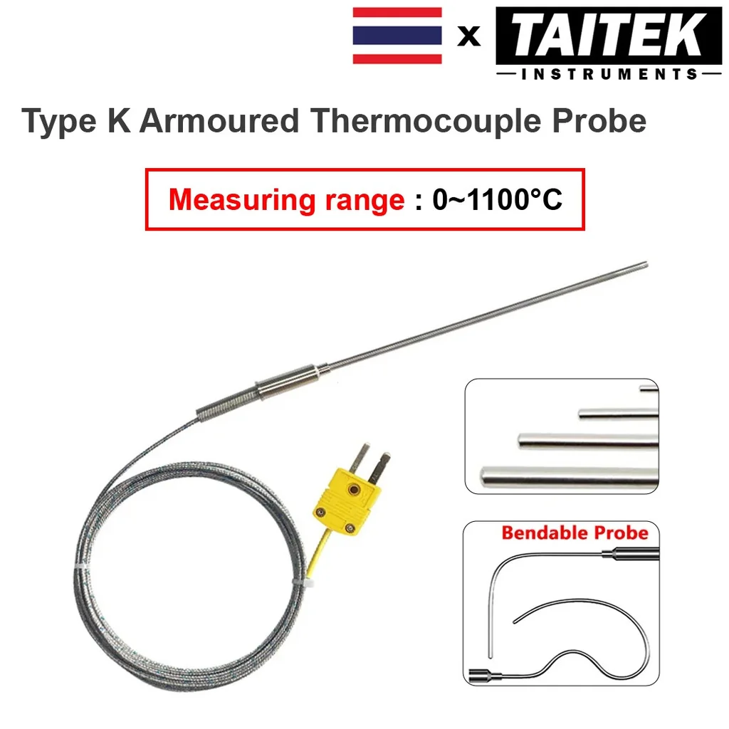 โพรบวัดอุณหภูมิ Type K Thermocouple Probe with Shield Wire ช่วงการวัดอุณหภูมิ 0~1100°C สายทนความร้อน ปลายตัดเรียบไม่แหลม โพรบวัดอุณหภูมิ Type K Thermocouple Probe with Shield Wire ช่วงการวัดอุณหภูมิ 0~1100°C สายทนความร้อน ปลายตัดเรียบไม่แหลม