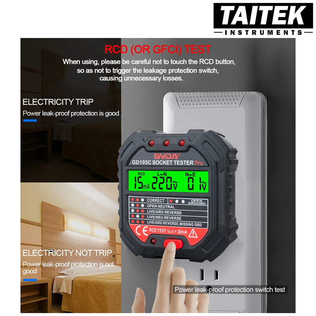 เครื่องตรวจสอบปลั๊กไฟ Electric Socket Tester GVDA รุ่น GD105A (US Plug) เครื่องตรวจสอบปลั๊กไฟ Electric Socket Tester GVDA รุ่น GD105A (US Plug)