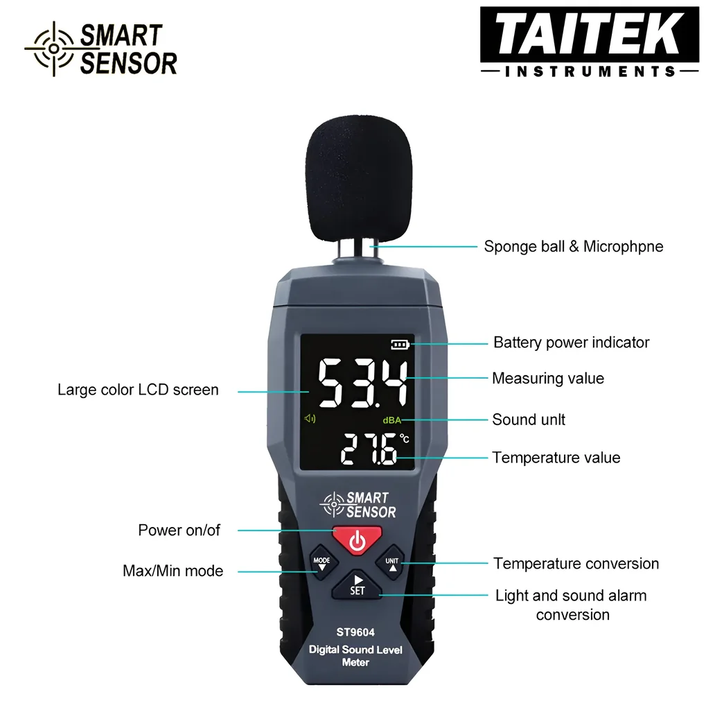 เครื่องวัดระดับเสียง Sound Level Meter SMART SENSOR รุ่น ST9604 ช่วงการวัด 30~130dB ความแม่นยำ ±1.5dB เครื่องวัดระดับเสียง Sound Level Meter SMART SENSOR รุ่น ST9604 ช่วงการวัด 30~130dB ความแม่นยำ ±1.5dB