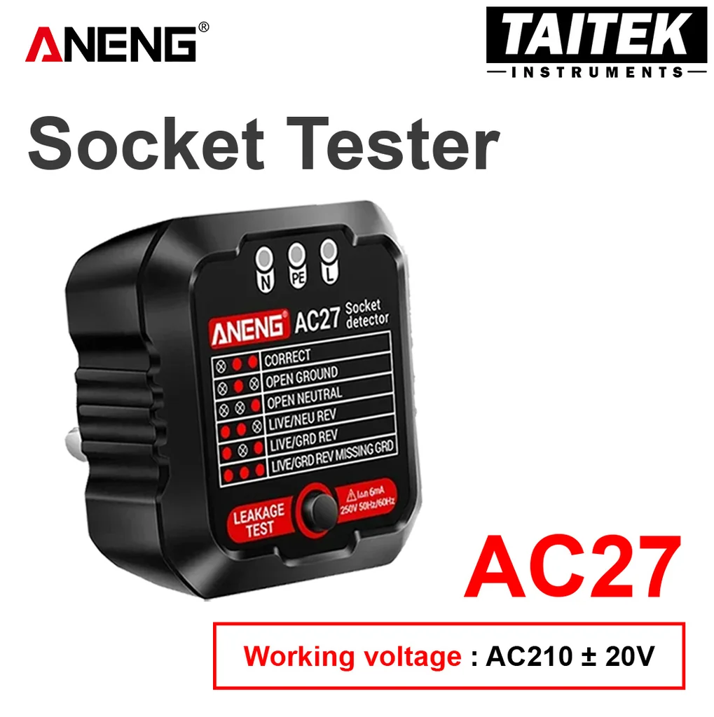 เครื่องตรวจสอบปลั๊กไฟ Socket Tester ANENG รุ่น AC27 รองรับแรงดันไฟฟ้า AC210±20V เครื่องตรวจสอบปลั๊กไฟ Socket Tester ANENG รุ่น AC27 รองรับแรงดันไฟฟ้า AC210±20V