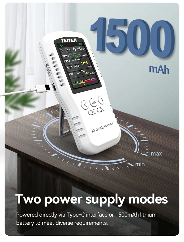 เครื่องวัดคุณภาพอากาศ Air Quality Detector TAITEK รุ่น 811AQ 8in1 HCHO PM1.0 PM2.5 PM10 CO2 TVOC temperature humidity Formaldehyde particulate matter เครื่องวัดคุณภาพอากาศ Air Quality Detector TAITEK รุ่น 811AQ 8in1 HCHO PM1.0 PM2.5 PM10 CO2 TVOC temperature humidity Formaldehyde particulate matter