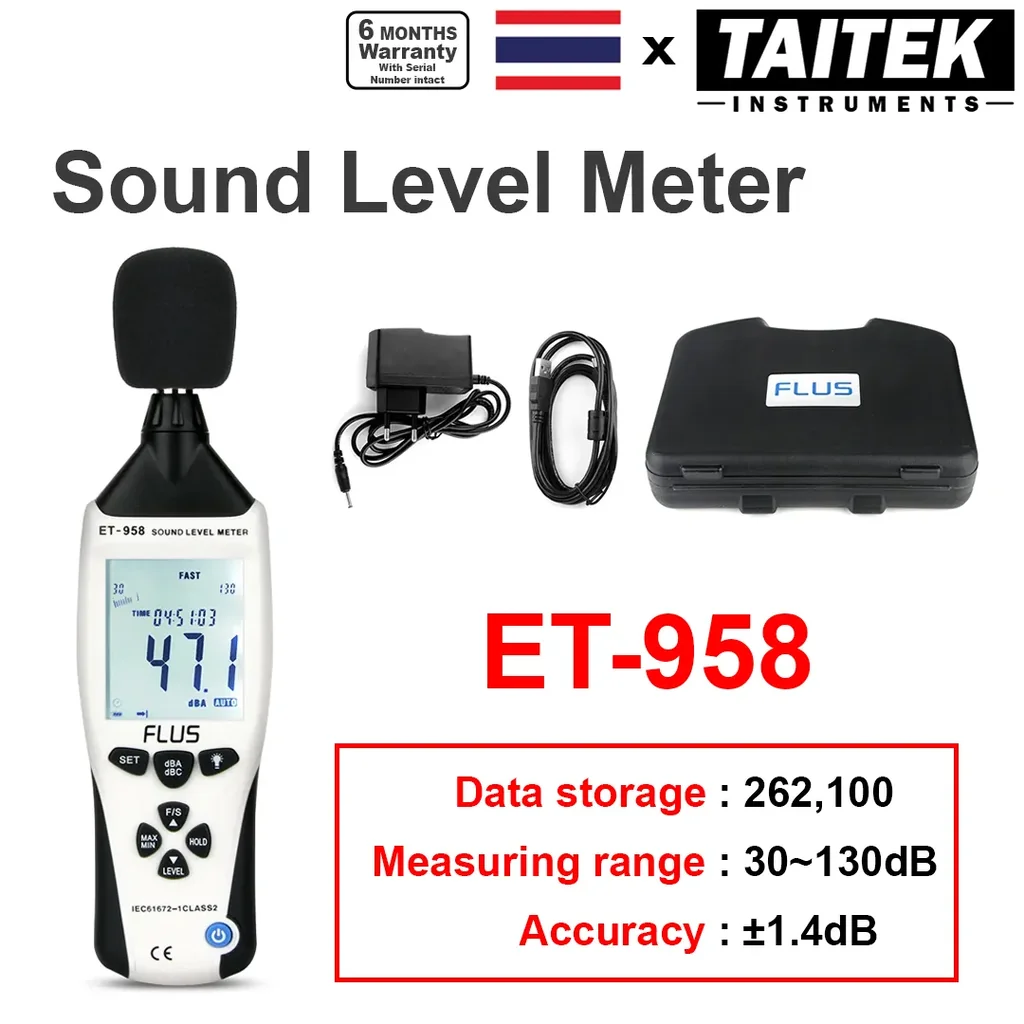 เครื่องบันทึกระดับเสียง Sound Level Meter Data Logger FLUS รุ่น ET-958 ความจำ 262100 ค่า ใช้แบตทำงานต่อเนื่อง 30ชม. เครื่องบันทึกระดับเสียง Sound Level Meter Data Logger FLUS รุ่น ET-958 ความจำ 262100 ค่า ใช้แบตทำงานต่อเนื่อง 30ชม.