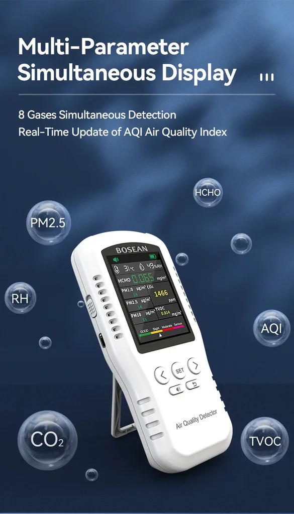 เครื่องวัดคุณภาพอากาศ Air Quality Detector Bosean รุ่น T-Z01 PRO 8in1 HCHO PM1.0 PM2.5 PM10 CO2 TVOC T&H รุ่นเวอร์ชั่นใหม่ล่าสุดของปี 2026 Sensors Formaldehyde sensor, particulate matter sensor, air quality sensor, temperature and humidity sensor เครื่องวัดคุณภาพอากาศ Air Quality Detector Bosean รุ่น T-Z01 PRO 8in1 HCHO PM1.0 PM2.5 PM10 CO2 TVOC T&H รุ่นเวอร์ชั่นใหม่ล่าสุดของปี 2026 Sensors Formaldehyde sensor, particulate matter sensor, air quality sensor, temperature and humidity sensor