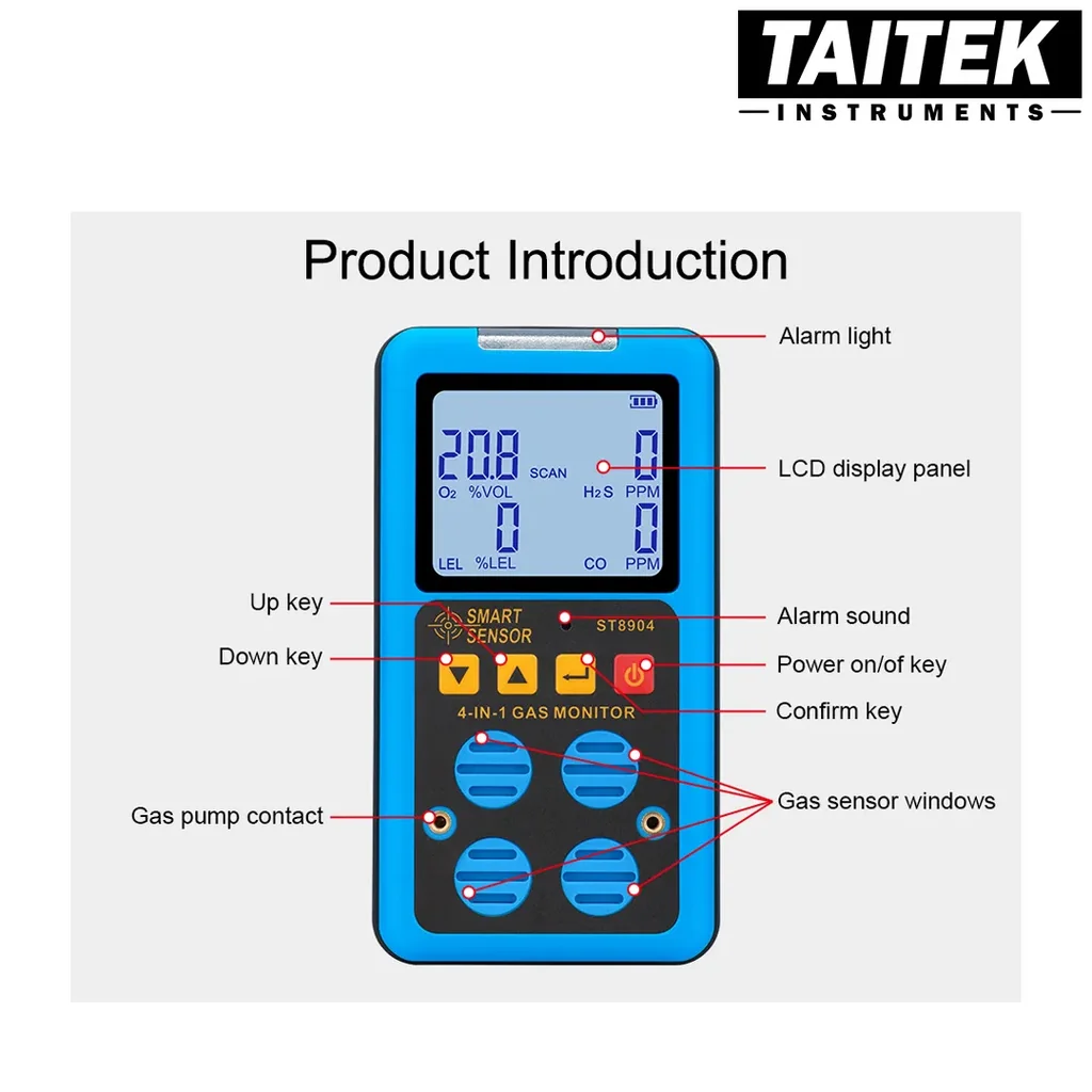 เครื่องตรวจจับก๊าซ Multifunctional Gas Detector SMART SENSOR รุ่น ST8904 4 in 1 LEL O2 H2S CO เครื่องตรวจจับก๊าซ Multifunctional Gas Detector SMART SENSOR รุ่น ST8904 4 in 1 LEL O2 H2S CO