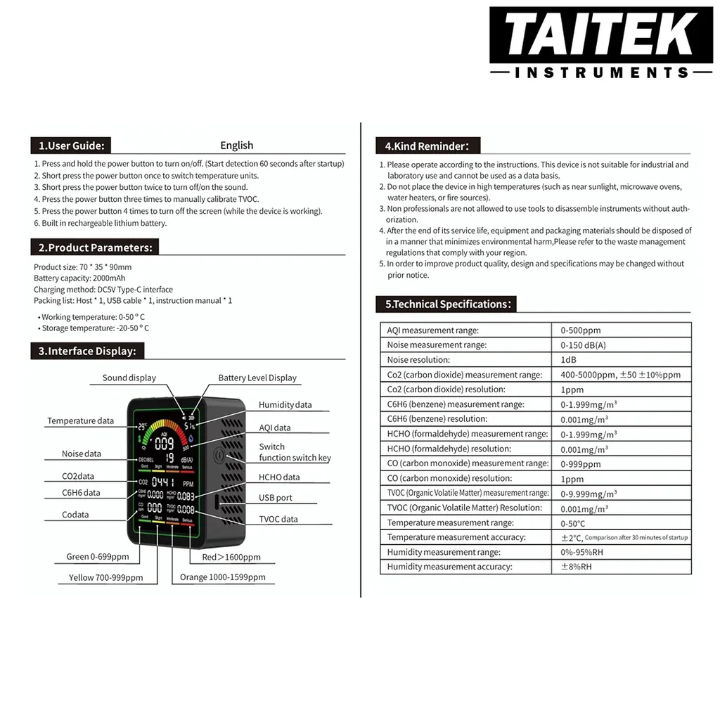 TAITEK เครื่องวัดคุณภาพอากาศและระดับเสียง Noise and Air Quality Monitor รุ่น MT12 9in1 AQI Temperature Humidity Noise CO2 CO HCHO TVOC C6H6 TAITEK เครื่องวัดคุณภาพอากาศและระดับเสียง Noise and Air Quality Monitor รุ่น MT12 9in1 AQI Temperature Humidity Noise CO2 CO HCHO TVOC C6H6