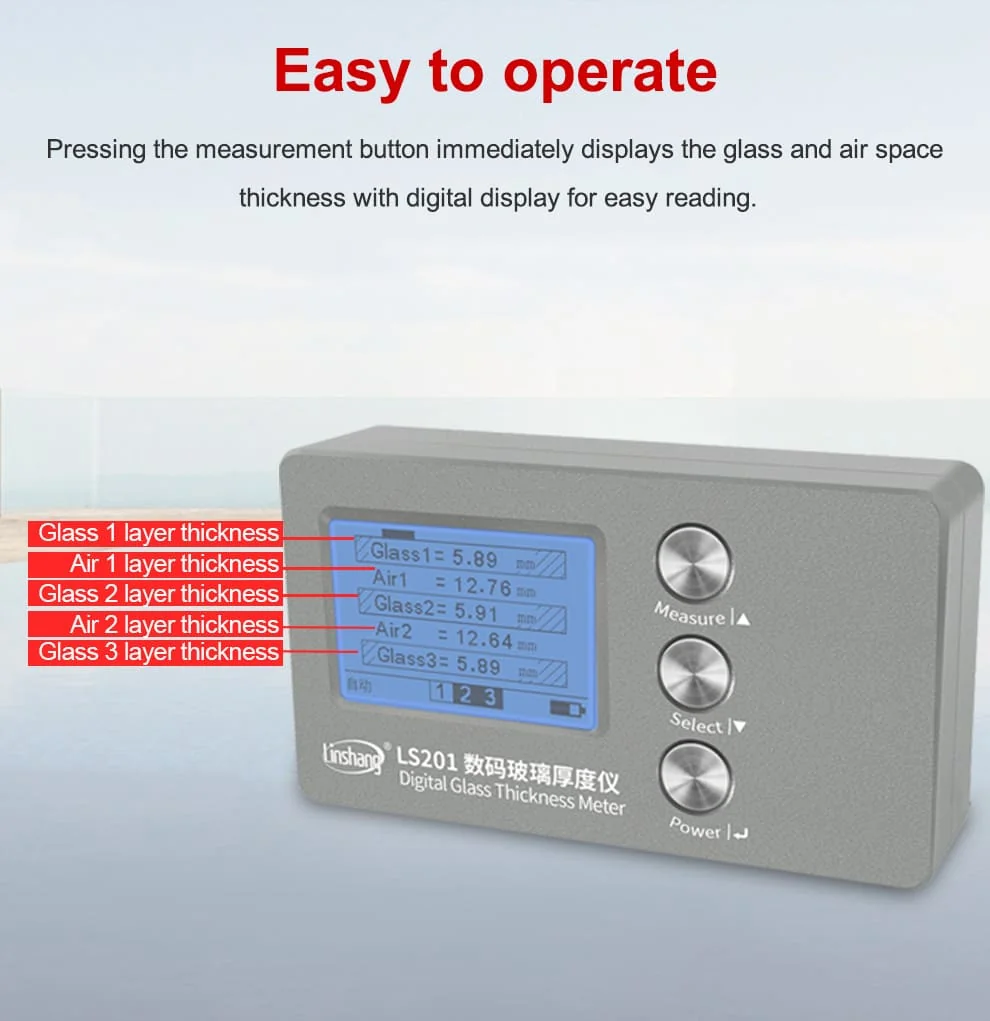 เครื่องวัดความหนากระจก Hollow Laser Glass Thickness Gauge Linshang รุ่น LS201 วัดความหนาแผ่นกระจกที่ซ้อนกันรวมถึงวัดความห่างระหว่างแผ่นกระจก เครื่องวัดความหนากระจก Hollow Laser Glass Thickness Gauge Linshang รุ่น LS201 วัดความหนาแผ่นกระจกที่ซ้อนกันรวมถึงวัดความห่างระหว่างแผ่นกระจก