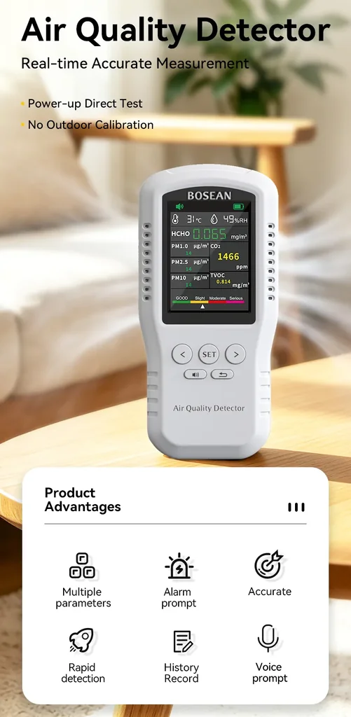 เครื่องวัดคุณภาพอากาศ Air Quality Detector Bosean รุ่น T-Z01 PRO 8in1 HCHO PM1.0 PM2.5 PM10 CO2 TVOC T&H รุ่นเวอร์ชั่นใหม่ล่าสุดของปี 2026 Sensors Formaldehyde sensor, particulate matter sensor, air quality sensor, temperature and humidity sensor เครื่องวัดคุณภาพอากาศ Air Quality Detector Bosean รุ่น T-Z01 PRO 8in1 HCHO PM1.0 PM2.5 PM10 CO2 TVOC T&H รุ่นเวอร์ชั่นใหม่ล่าสุดของปี 2026 Sensors Formaldehyde sensor, particulate matter sensor, air quality sensor, temperature and humidity sensor