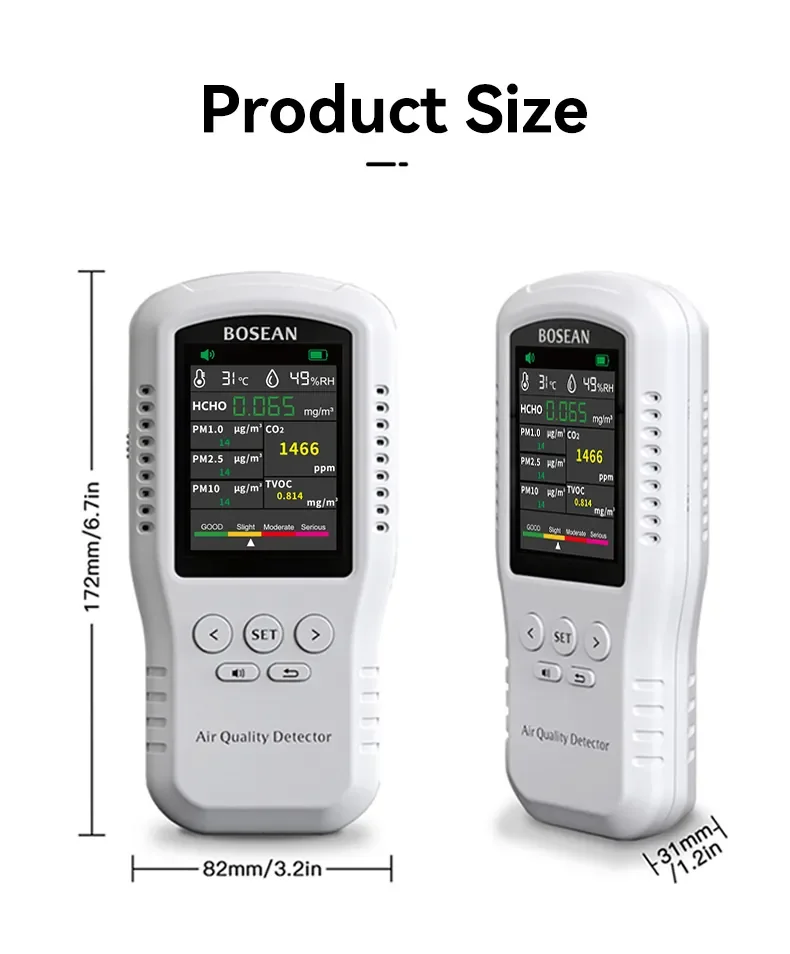 เครื่องวัดคุณภาพอากาศ Air Quality Detector Bosean รุ่น T-Z01 PRO 8in1 HCHO PM1.0 PM2.5 PM10 CO2 TVOC T&H รุ่นเวอร์ชั่นใหม่ล่าสุดของปี 2026 Sensors Formaldehyde sensor, particulate matter sensor, air quality sensor, temperature and humidity sensor เครื่องวัดคุณภาพอากาศ Air Quality Detector Bosean รุ่น T-Z01 PRO 8in1 HCHO PM1.0 PM2.5 PM10 CO2 TVOC T&H รุ่นเวอร์ชั่นใหม่ล่าสุดของปี 2026 Sensors Formaldehyde sensor, particulate matter sensor, air quality sensor, temperature and humidity sensor