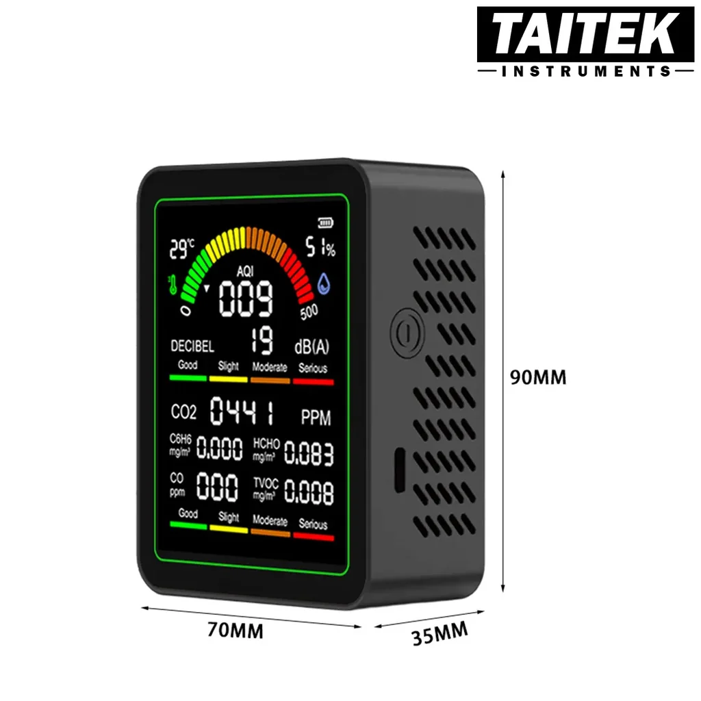 TAITEK เครื่องวัดคุณภาพอากาศและระดับเสียง Noise and Air Quality Monitor รุ่น MT12 9in1 AQI Temperature Humidity Noise CO2 CO HCHO TVOC C6H6 TAITEK เครื่องวัดคุณภาพอากาศและระดับเสียง Noise and Air Quality Monitor รุ่น MT12 9in1 AQI Temperature Humidity Noise CO2 CO HCHO TVOC C6H6