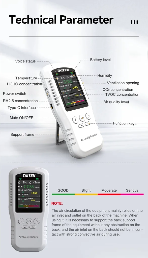 เครื่องวัดคุณภาพอากาศ Air Quality Detector TAITEK รุ่น 811AQ 8in1 HCHO PM1.0 PM2.5 PM10 CO2 TVOC temperature humidity Formaldehyde particulate matter เครื่องวัดคุณภาพอากาศ Air Quality Detector TAITEK รุ่น 811AQ 8in1 HCHO PM1.0 PM2.5 PM10 CO2 TVOC temperature humidity Formaldehyde particulate matter