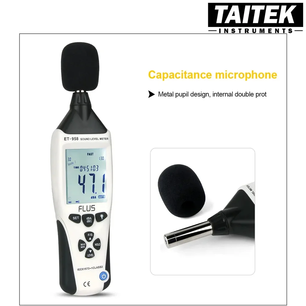 เครื่องบันทึกระดับเสียง Sound Level Meter Data Logger FLUS รุ่น ET-958 ความจำ 262100 ค่า ใช้แบตทำงานต่อเนื่อง 30ชม. เครื่องบันทึกระดับเสียง Sound Level Meter Data Logger FLUS รุ่น ET-958 ความจำ 262100 ค่า ใช้แบตทำงานต่อเนื่อง 30ชม.