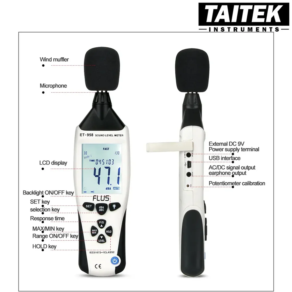 เครื่องบันทึกระดับเสียง Sound Level Meter Data Logger FLUS รุ่น ET-958 ความจำ 262100 ค่า ใช้แบตทำงานต่อเนื่อง 30ชม. เครื่องบันทึกระดับเสียง Sound Level Meter Data Logger FLUS รุ่น ET-958 ความจำ 262100 ค่า ใช้แบตทำงานต่อเนื่อง 30ชม.
