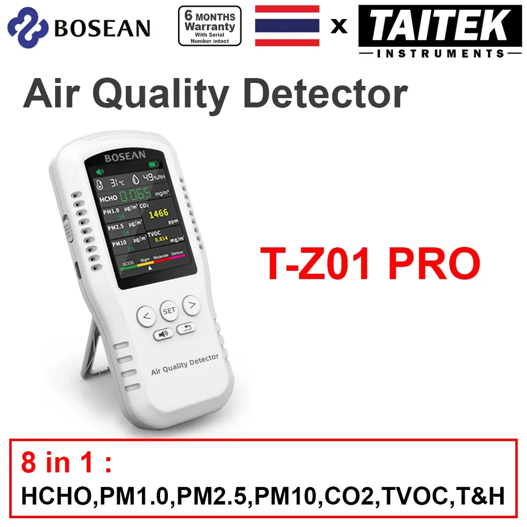 เครื่องวัดคุณภาพอากาศ Air Quality Detector Bosean รุ่น T-Z01 PRO 8in1 HCHO,PM1.0,PM2.5,PM10,CO2,TVOC,T&H เครื่องวัดคุณภาพอากาศ Air Quality Detector Bosean รุ่น T-Z01 PRO 8in1 HCHO,PM1.0,PM2.5,PM10,CO2,TVOC,T&H
