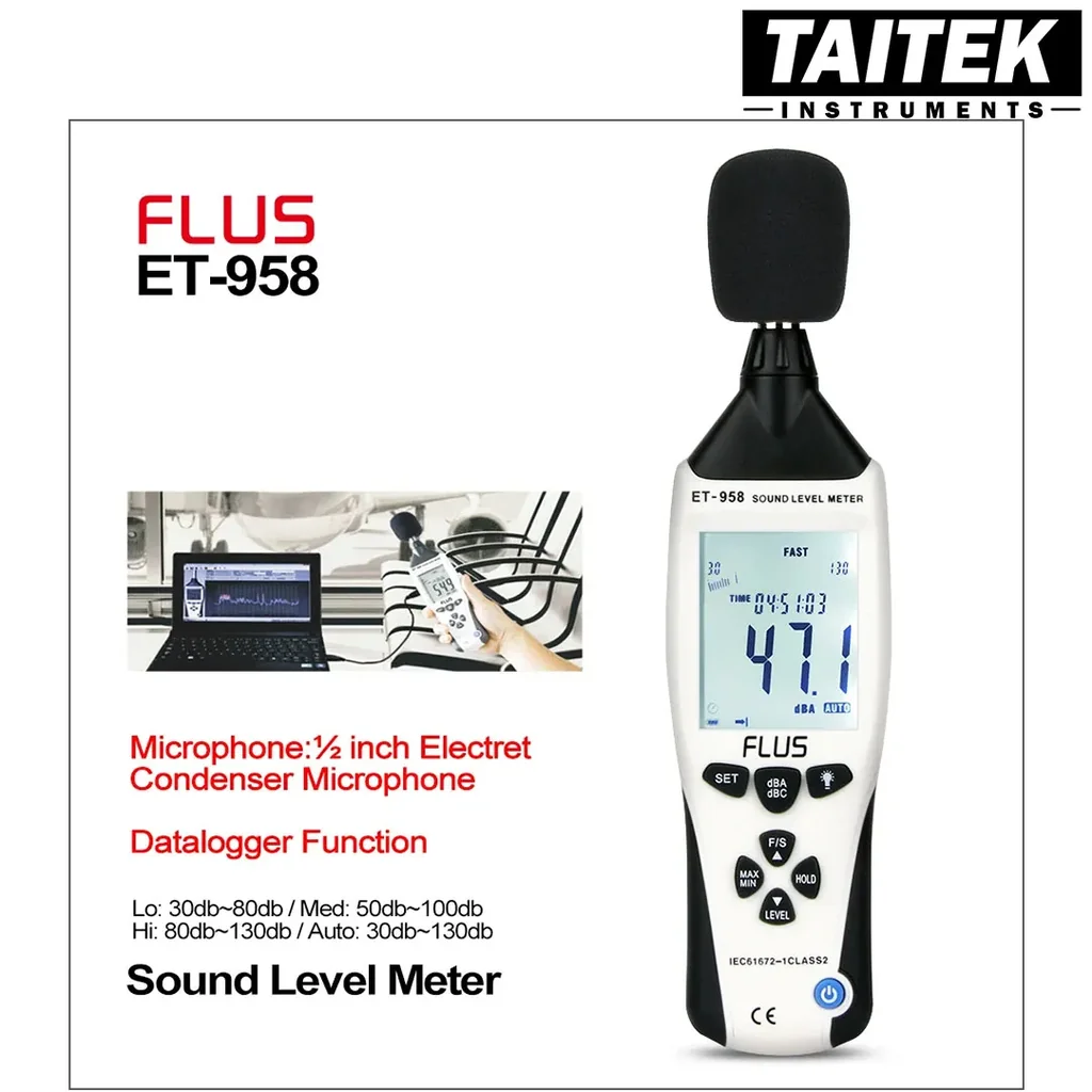 เครื่องบันทึกระดับเสียง Sound Level Meter Data Logger FLUS รุ่น ET-958 ความจำ 262100 ค่า ใช้แบตทำงานต่อเนื่อง 30ชม. เครื่องบันทึกระดับเสียง Sound Level Meter Data Logger FLUS รุ่น ET-958 ความจำ 262100 ค่า ใช้แบตทำงานต่อเนื่อง 30ชม.
