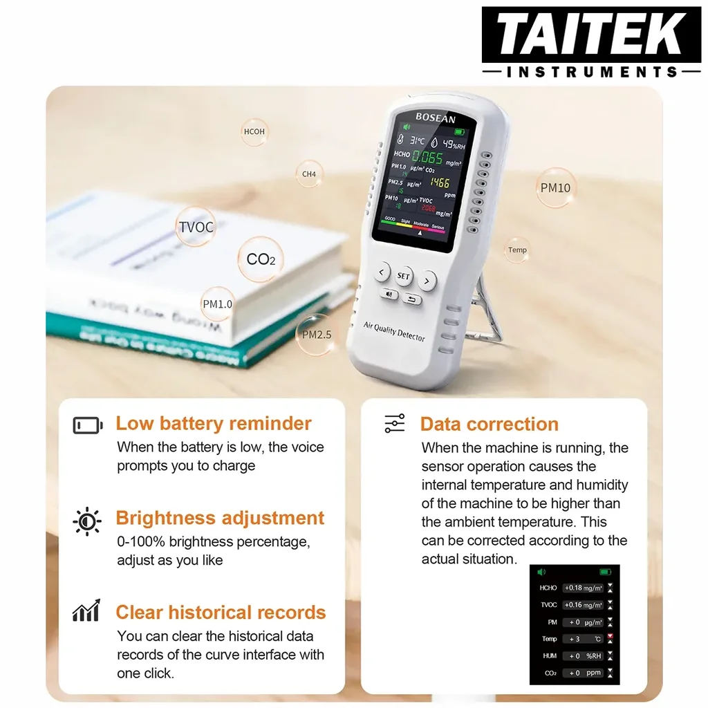 เครื่องวัดคุณภาพอากาศ Air Quality Detector Bosean รุ่น T-Z01 PRO 8in1 HCHO,PM1.0,PM2.5,PM10,CO2,TVOC,T&H เครื่องวัดคุณภาพอากาศ Air Quality Detector Bosean รุ่น T-Z01 PRO 8in1 HCHO,PM1.0,PM2.5,PM10,CO2,TVOC,T&H