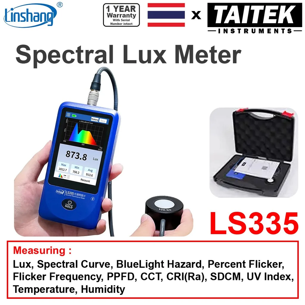 เครื่องวัดแสงความสว่างสเปกตรัม Multi-Parameter Spectral Illuminance Meter Linshang รุ่น LS335 จอสีทัชสกรีน วัดค่า Lux PPFD CCT การกระพริบ CRI สำหรับแสงสว่างและการเจริญเติบโตของพืช เครื่องวัดแสงความสว่างสเปกตรัม Multi-Parameter Spectral Illuminance Meter Linshang รุ่น LS335 จอสีทัชสกรีน วัดค่า Lux PPFD CCT การกระพริบ CRI สำหรับแสงสว่างและการเจริญเติบโตของพืช
